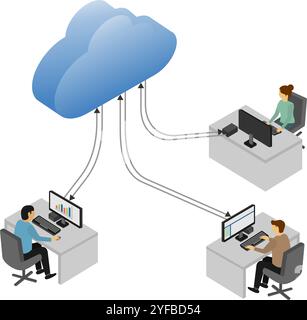 Three office workers are accessing cloud storage. isometric cloud computing concept. vector illustration isolated on white background. Stock Vector