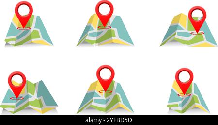 folded map with pin location icon set vector illustration isolated on white background. Stock Vector