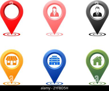 colorful location pin with home house building office person market store icon. vector illustration isolated on white background. Stock Vector