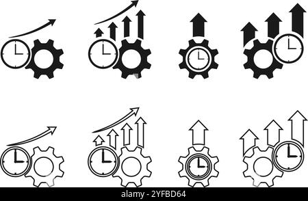 productivity icon set vector, gear cog wheel with clock timer and arrow up. vector illustration isolated on white background. Stock Vector