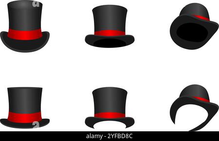 magician's hat set with red ribbon. vector illustration isolated on white background. Stock Vector