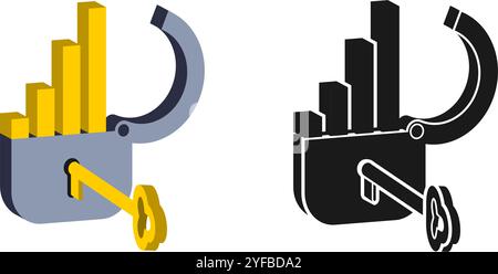key to success concept in business. The lock is opened with a key and a graph appears that is increasing. vector illustration isolated on white Stock Vector