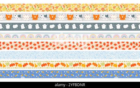 Cute washi tape seamless borders. Paper scrapbooking sticky elements. Decorative patterned scotch ribbons. Diaries and notebooks embellishment. Statio Stock Vector