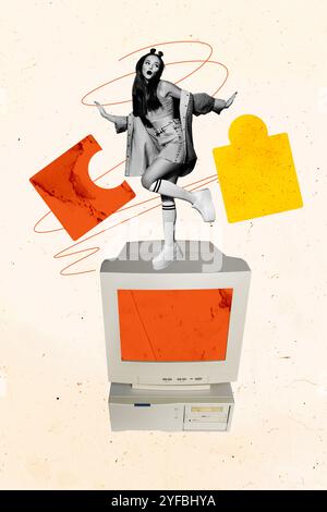 Composite trend artwork sketch image photo collage of copyspace young woman model posing stand obsolete computer puzzle match idea smart Stock Photo