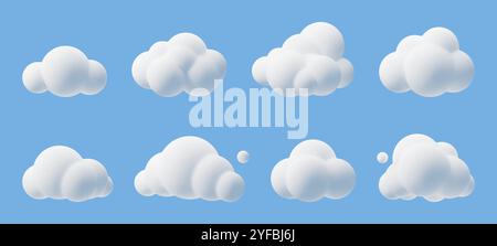 Cartoon 3d clouds. Cumulus bubbled clouds in kids style, white fluffy render objects, rounded geometric cloudy shapes, cute weather element, meteorolo Stock Vector