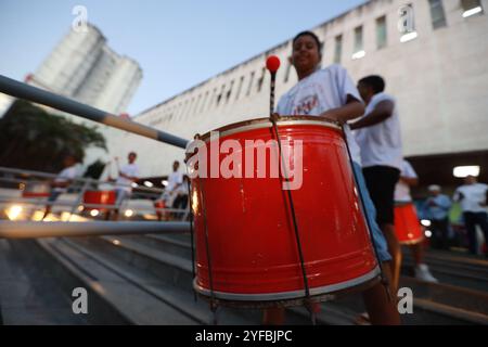 salvador, bahia, brazil - august 12, 2024: young members of a percussion band are seen during a performance in the city of Salvador. Stock Photo