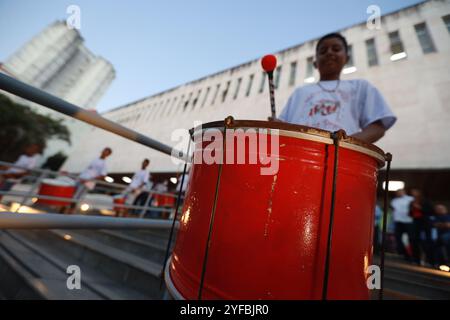 salvador, bahia, brazil - august 12, 2024: young members of a percussion band are seen during a performance in the city of Salvador. Stock Photo