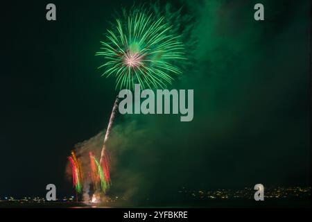 Green fireworks exploding over coastal night skyline with smoke illuminated against dark sky. Stock Photo