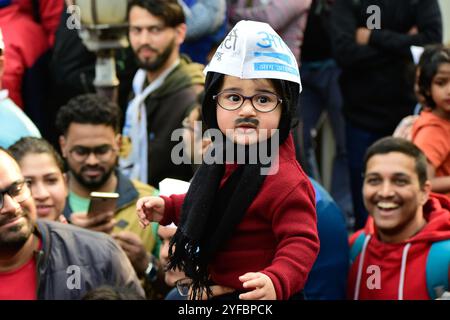 A young supporter of Aam Aadmi Party (AAP) dressed as Delhi's Chief Minister Arvind Kejriwal celebrates victory in regional elections in India's capital New Delhi on 11 February 2020. AAP supporters gathered and celebrated across New Delhi mainly at party head office after the sweeping win against the Prime Minister of India Narendra Modi's party. Stock Photo