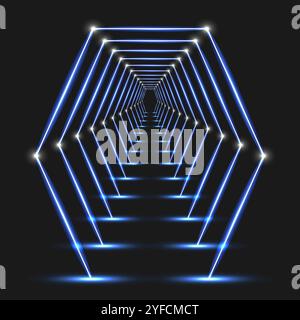 Digital geometric abstraction with lines points. Abstract glowing hexagon dark background Stock Vector