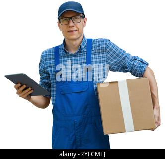 Isolated delivery man in uniform with digital tablet. Stock Photo