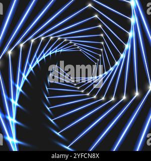Digital geometric abstraction with lines points. Abstract glowing hexagon dark background. Stock Vector