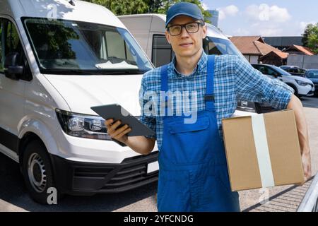 Delivery man in uniform with digital tablet. Stock Photo
