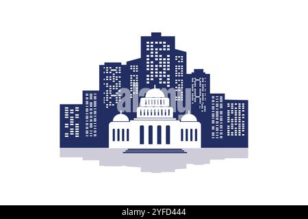 Bank, museum, post office, scool, university or library  in city skyline with modern buildings silhouette with reflection in water. Stock Vector