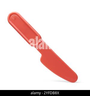 small red plastic knife isolated white background, mockup template of disposable utensil used in food service, outdoor activities and events Stock Photo