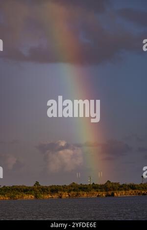 Cape Canaveral, USA. 03rd Nov, 2024. Two minutes before liftoff attempt SpaceX scrubbed the launch due to a helium leak. Minutes later a rainbow was directly over SLC-40 Cape Canaveral, Brevard County, Florida USA. November 3rd 2024. (Photo by Scott Schilke/Sipa USA) Credit: Sipa USA/Alamy Live News Stock Photo