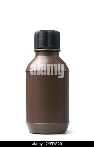 brown color plastic bottle with black cap isolated white background, mockup template of packaging medications, supplements and liquid or powder Stock Photo