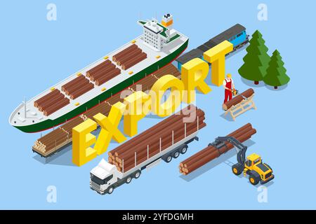 Isometric Exporting Wood. Global logistics network. Rail freight wood, cargo ship is being loaded with logs, Truck with trailer loaded with tree Stock Vector