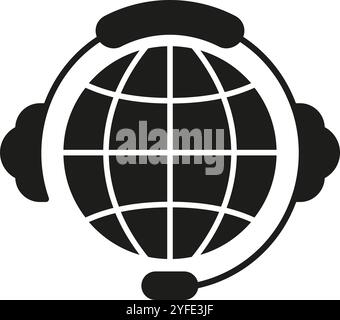 Global Customer Support Silhouette Icon with Headset for International Service. Worldwide Help and Communication Glyph Symbol. Isolated Vector Stock Vector