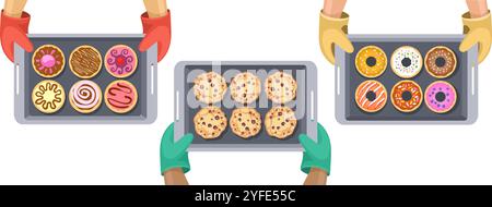 Baking trays in oven mitten hands Stock Vector