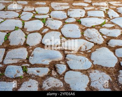 Detail of cobblestone pavement in the ancient Appian way built by Appius Claudius Caecus, the Roman censor in the beginning of the 4th century BC specifically to transport troops outside the smaller region of greater Rome(4th century BC) - Rome, Italy Stock Photo