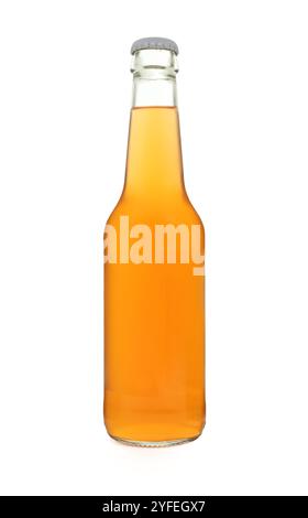 Orange liquid juice in closed blank glass bottle isolated on white background Stock Photo
