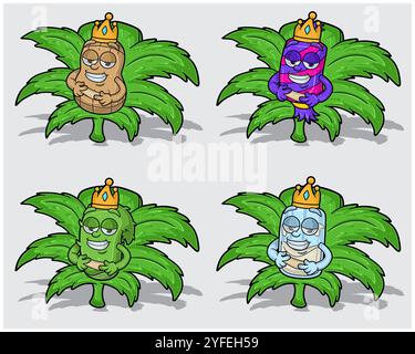 Cartoon Characters of Peanut, Candy, Aloe Vera and Milk With Crown in Weed Leaf. For Label, Packaging, Stickers and Product Business. Vectors Illustra Stock Vector