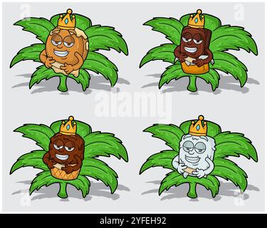 Cartoon Characters of Pancake, Chocolate, Ice Cream and Marshmallow With Crown in Weed Leaf. For Label, Packaging, Stickers and Product Business. Vect Stock Vector