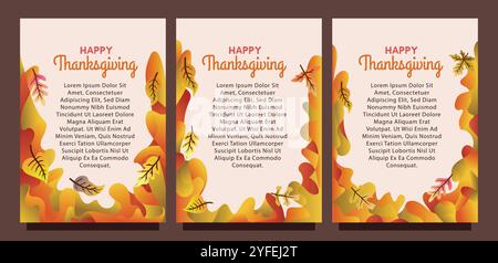 Creative Thanksgiving Card with Abstract Liquid Background and Leaves. print size set of thansgiving card template concept. liquid abstract background Stock Vector