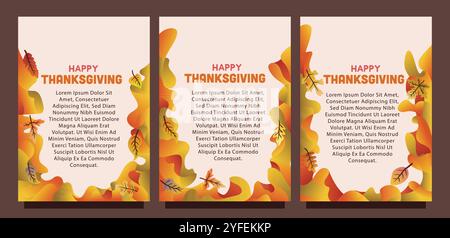 Creative Thanksgiving Card with Abstract Liquid Background and Leaves. print size set of thansgiving card template concept. liquid abstract background Stock Vector
