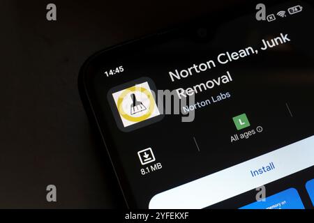 November 4, 2024, Brazil. In this photo illustration, the Norton Clean, Junk Removal app logo is displayed on a smartphone screen. Stock Photo
