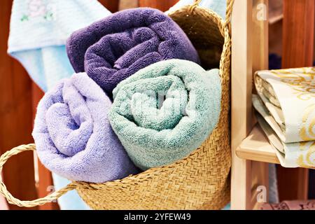 Assortment of colored terry towels for spa Stock Photo