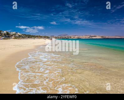 Aerial drone view of Costa Calma beach during the sunset,Fuerteventura, Canary Islands, Spain Stock Photo