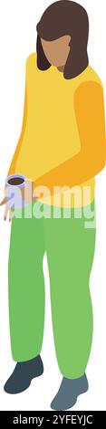 Woman enjoying a coffee break, holding a mug filled with hot beverage, taking a moment to relax and recharge Stock Vector