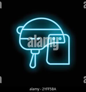 Bright blue neon icon showing a virtual reality gaming headset glowing on a dark background Stock Vector