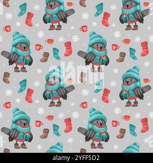 Christmas seamless pattern with bullfinch in sweater, hat and scarf, festive elements with gray background. Illustrations for holiday designs. New Stock Photo
