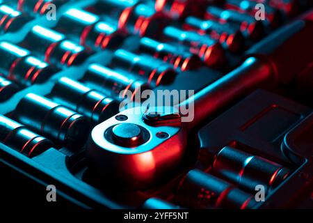 Socket wrench set toolbox - Professional chrome vanadium sockets, tools, wrenches, spanners and screwdriver bits tools organized in box. Stock Photo