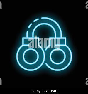 Neon glowing handcuffs icon glowing on a dark background Stock Vector