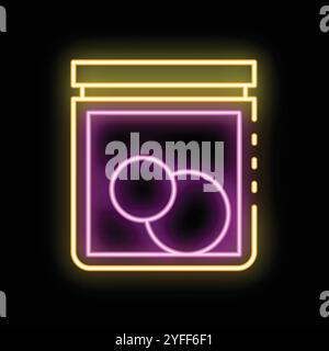Glowing purple and yellow neon sign depicting a supplement jar with two scoops, ideal for fitness, bodybuilding, and nutrition related designs Stock Vector
