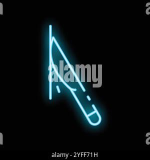 Blue neon icon of a bloody knife dripping blood is glowing on a black wall Stock Vector