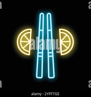 Glowing neon sign depicting chopsticks and lime slices, capturing the essence of asian culinary culture Stock Vector