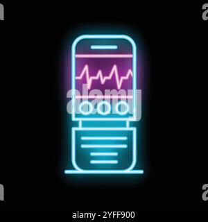 Glowing neon icon of a smartphone displaying a heartbeat rate on its screen and text messages below, isolated on a black background Stock Vector