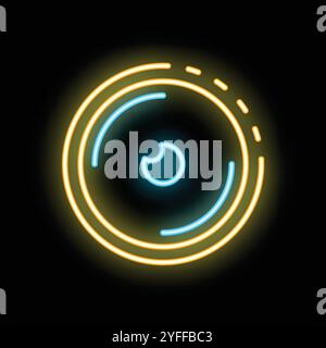 Bright neon icon of loading symbol with rotating circles glowing on black background Stock Vector