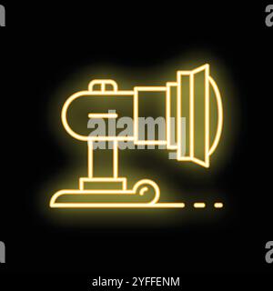 Neon yellow icon of a snow cannon standing on a platform, glowing on black background Stock Vector