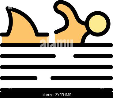 Color vector icon representing a shark fin swimming near a man swimming on the surface of the sea, concept for danger in the ocean Stock Vector
