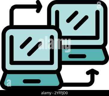 This color icon illustrates the concept of data transfer between two laptops Stock Vector
