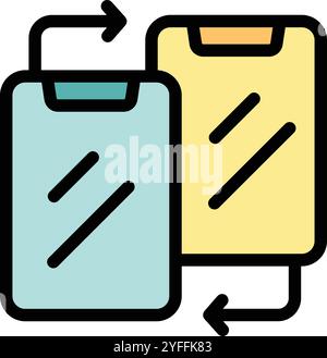 This vector illustration depicts two smartphones exchanging data, symbolizing wireless file transfer or app synchronization Stock Vector