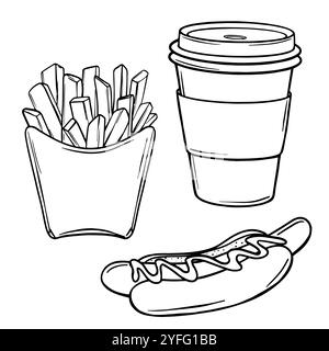 Set Vector illustration of Paper Coffee Cup, French fries and Hot dog sketch. Hand drawn Street Fast Food outline. Menu design template in Black and Stock Vector