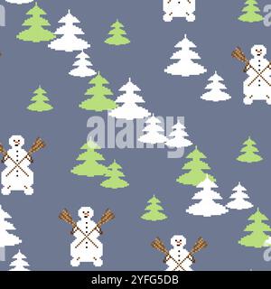 Christmas pixel pattern with snowmen and fir trees Stock Vector