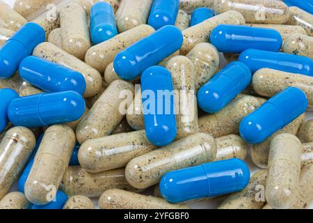 A high-resolution close-up image of assorted capsules, featuring a mix of vibrant blue and transparent shells filled with granular substances. The tra Stock Photo